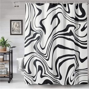 Modern Abstract Black and White Fabric Shower Curtain , Groovy Set with Hooks